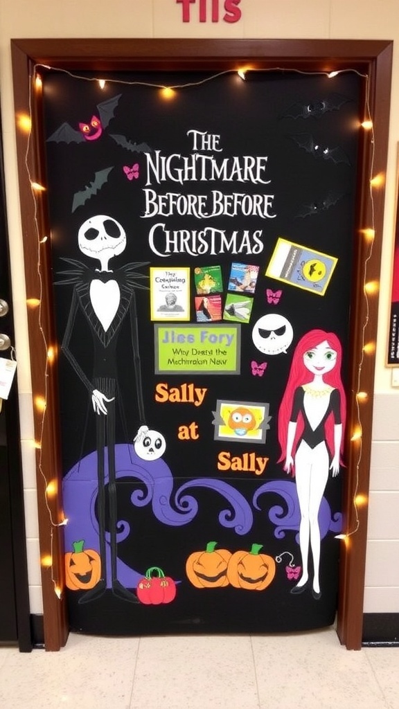 Classroom door decorated with Nightmare Before Christmas characters and spooky elements.